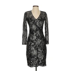 LELA ROSE Black Silver Dusted Long Sleeve Lace Dress Size 4 Silk Lined